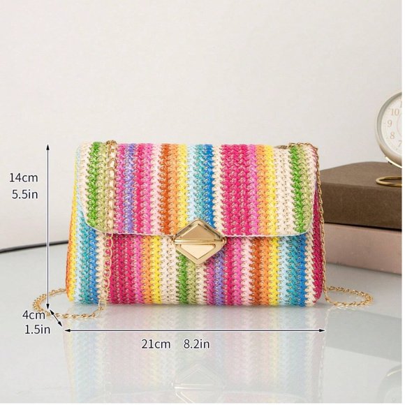 Color Block Straw Bag Metal Decor Chain Strap - Picture 4 of 5